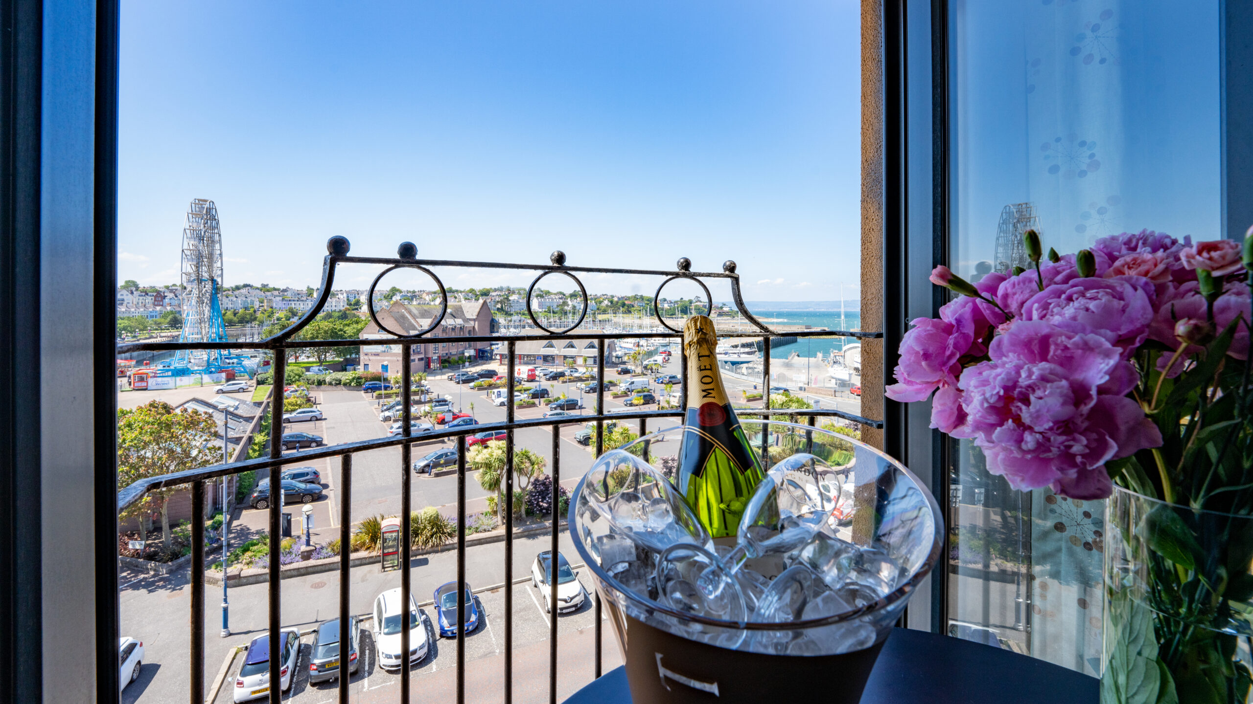 Balcony view over Bangor Marina and Belfast Lough from the Marine Court Hotel